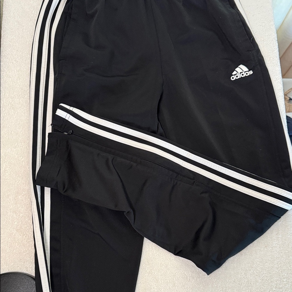 Adidas Black Satin feel Joggers with White Stripes